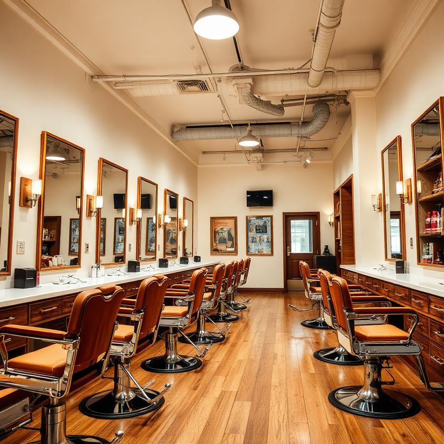 Example modern barbershop interior with vintage chairs