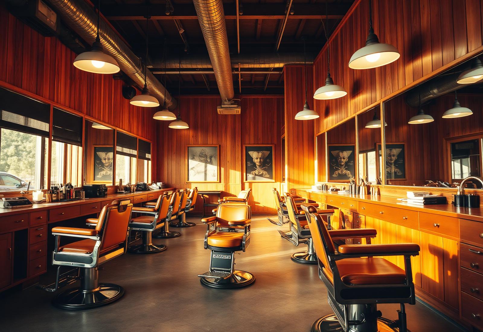 Warm modern barbershop interior with vintage chairs and mirrors